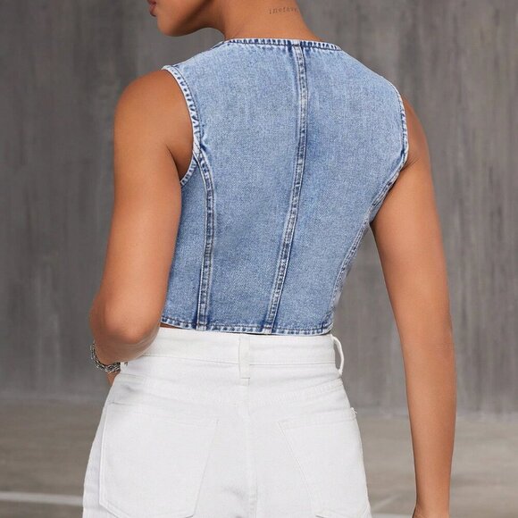 Blue Casual Women's Denim Vest Top - Picture 2 of 6